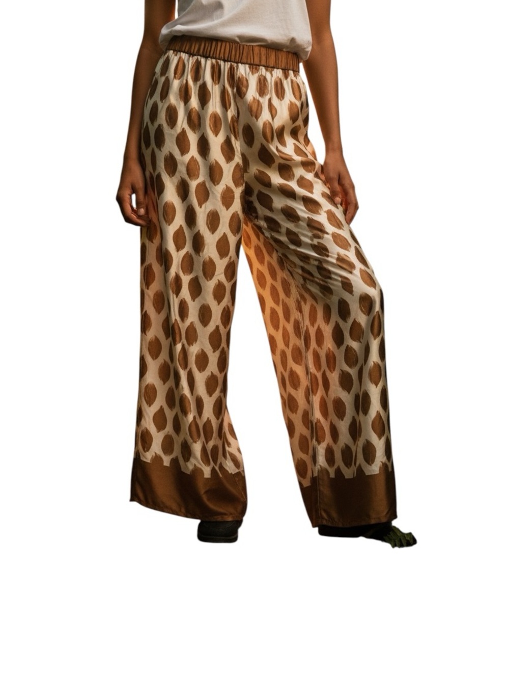 Halogen Cream and Brown Wide-Leg Satin Printed Pants